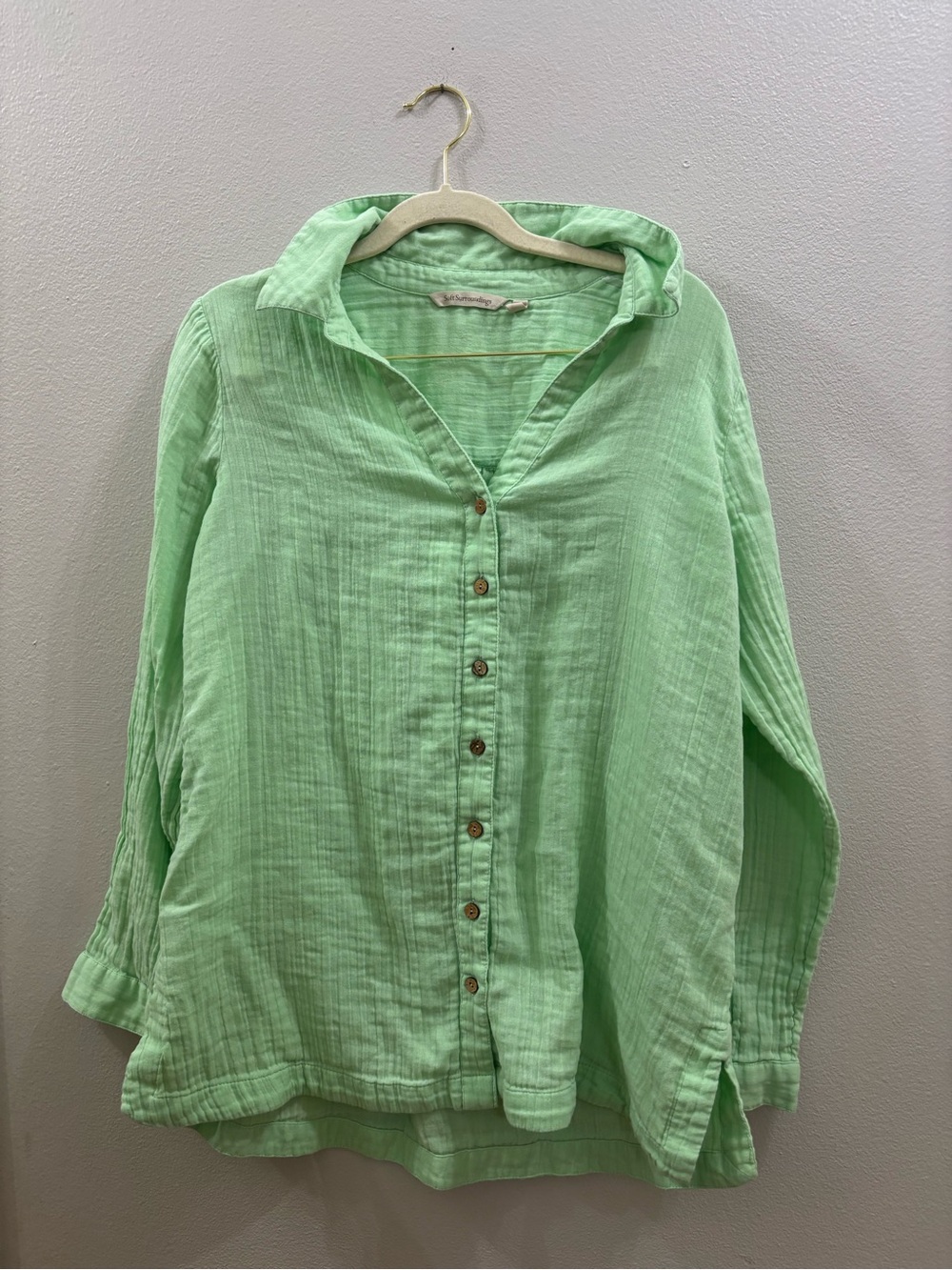 Soft Surroundings Mint Green Button-Front Gauze Shirt